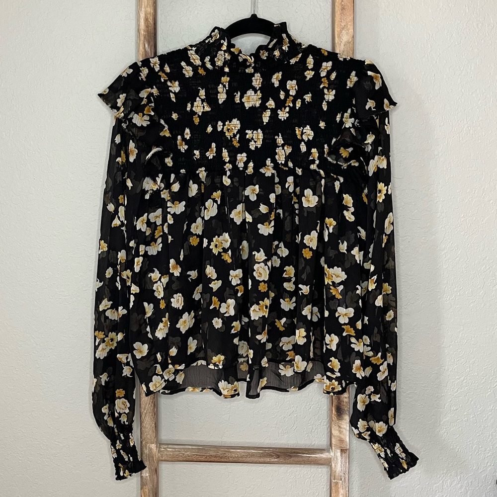 OPT Black Floral Long Sleeve Blouse Size M